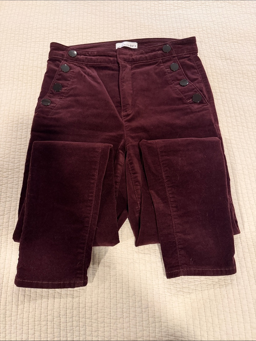 LOFT Burgundy Corduroy High-Waist Button-Accent Pants